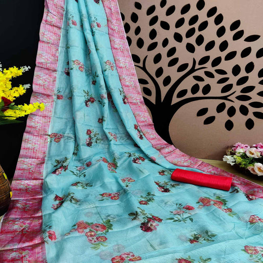 Pink-Ferozi Festive Wear Floral Digital Print With Woven Border Silk Saree