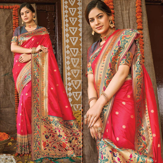 Pink Festive Wear Woven Banarasi Silk Paithani Saree With Tassels