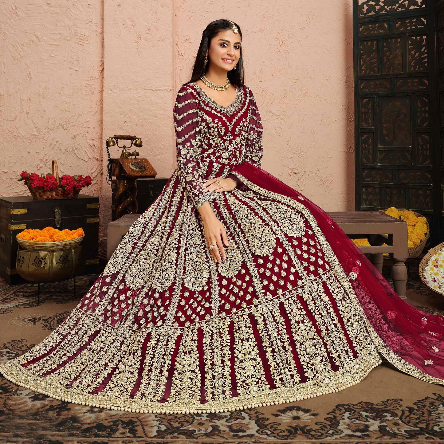 Pink Floral Embroidered Net Anarkali Suit