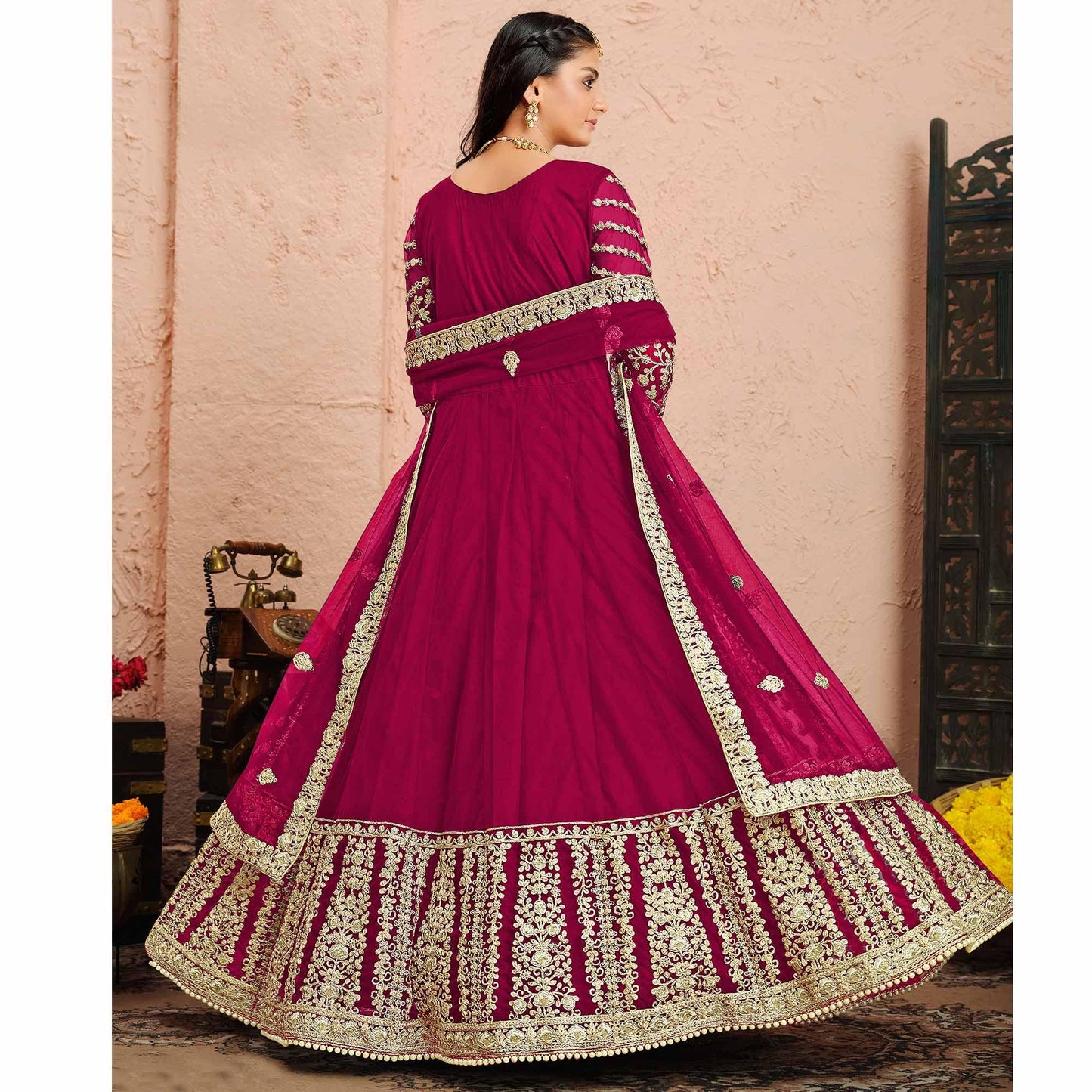 Pink Floral Embroidered Net Anarkali Suit