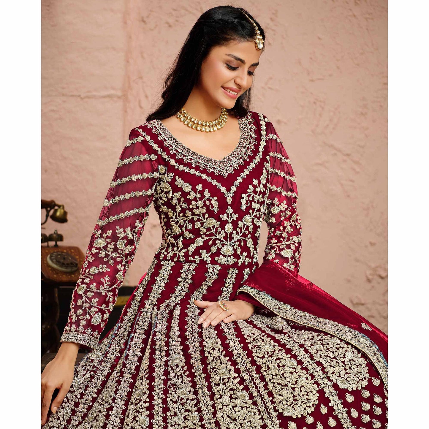 Pink Floral Embroidered Net Anarkali Suit