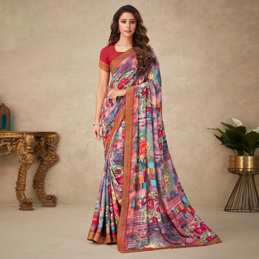 Pink Floral Printed Art Silk Saree