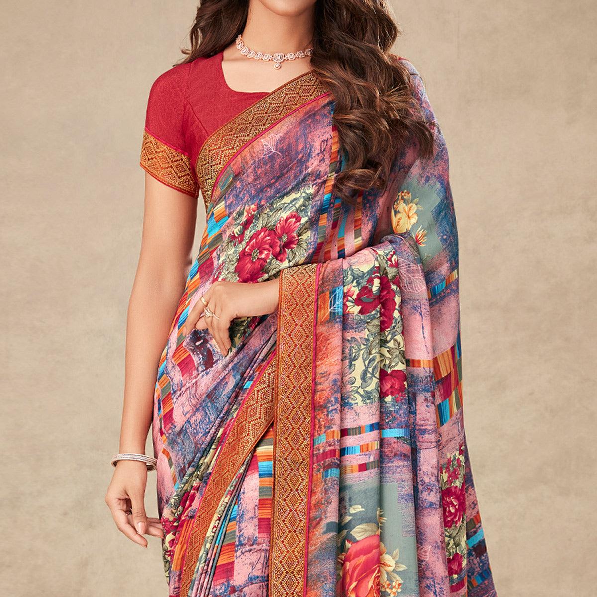 Pink Floral Printed Art Silk Saree