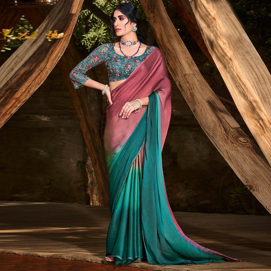 Pink-Green Solid Chiffon Saree