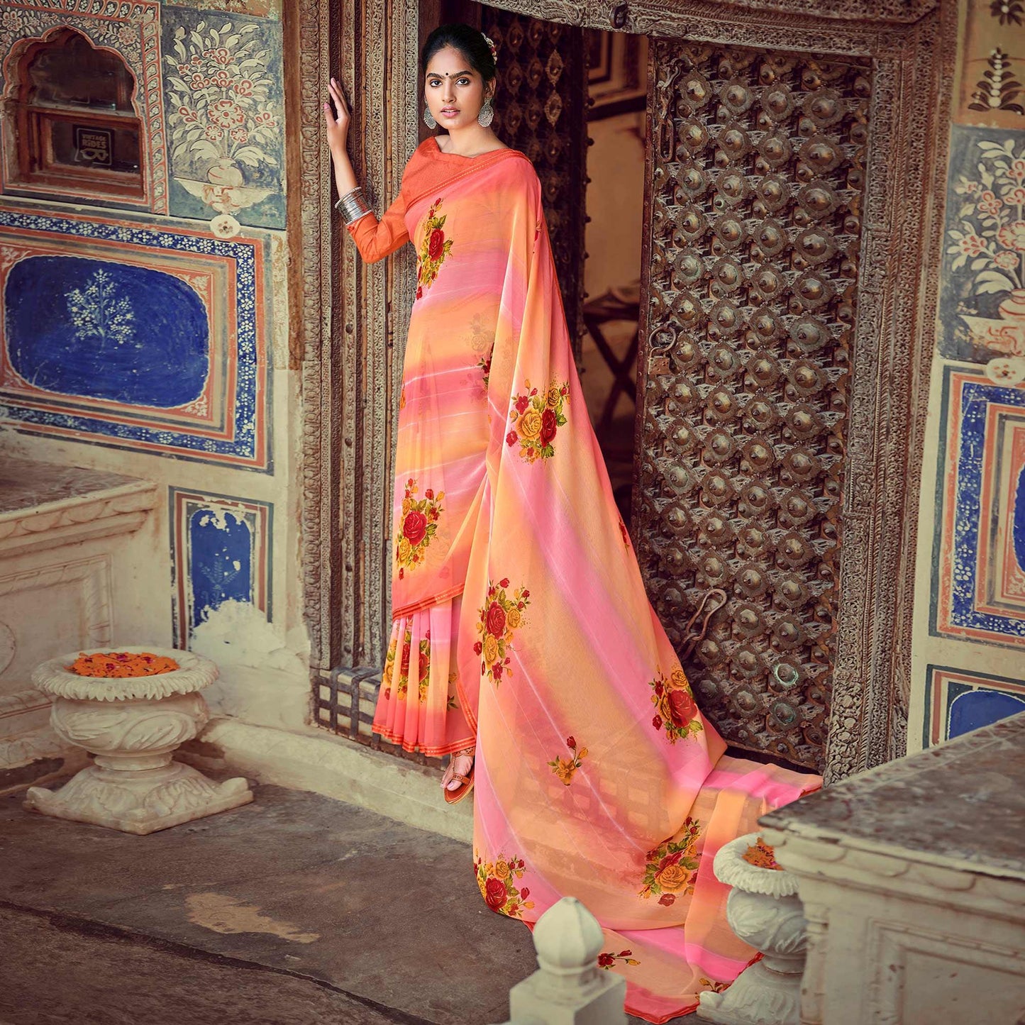 Pink-Orange Casual Wear Floral Printed Chiffon Saree With Fancy Blouse