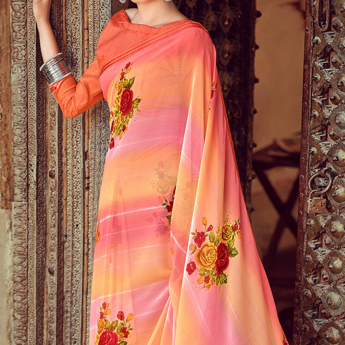 Pink-Orange Casual Wear Floral Printed Chiffon Saree With Fancy Blouse