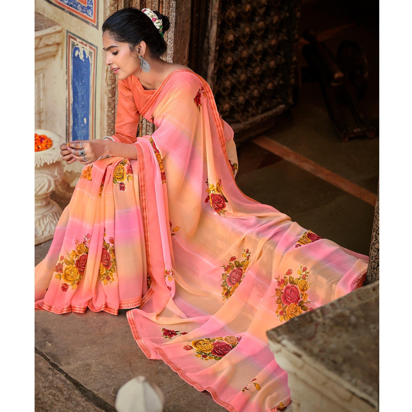 Pink-Orange Casual Wear Floral Printed Chiffon Saree With Fancy Blouse