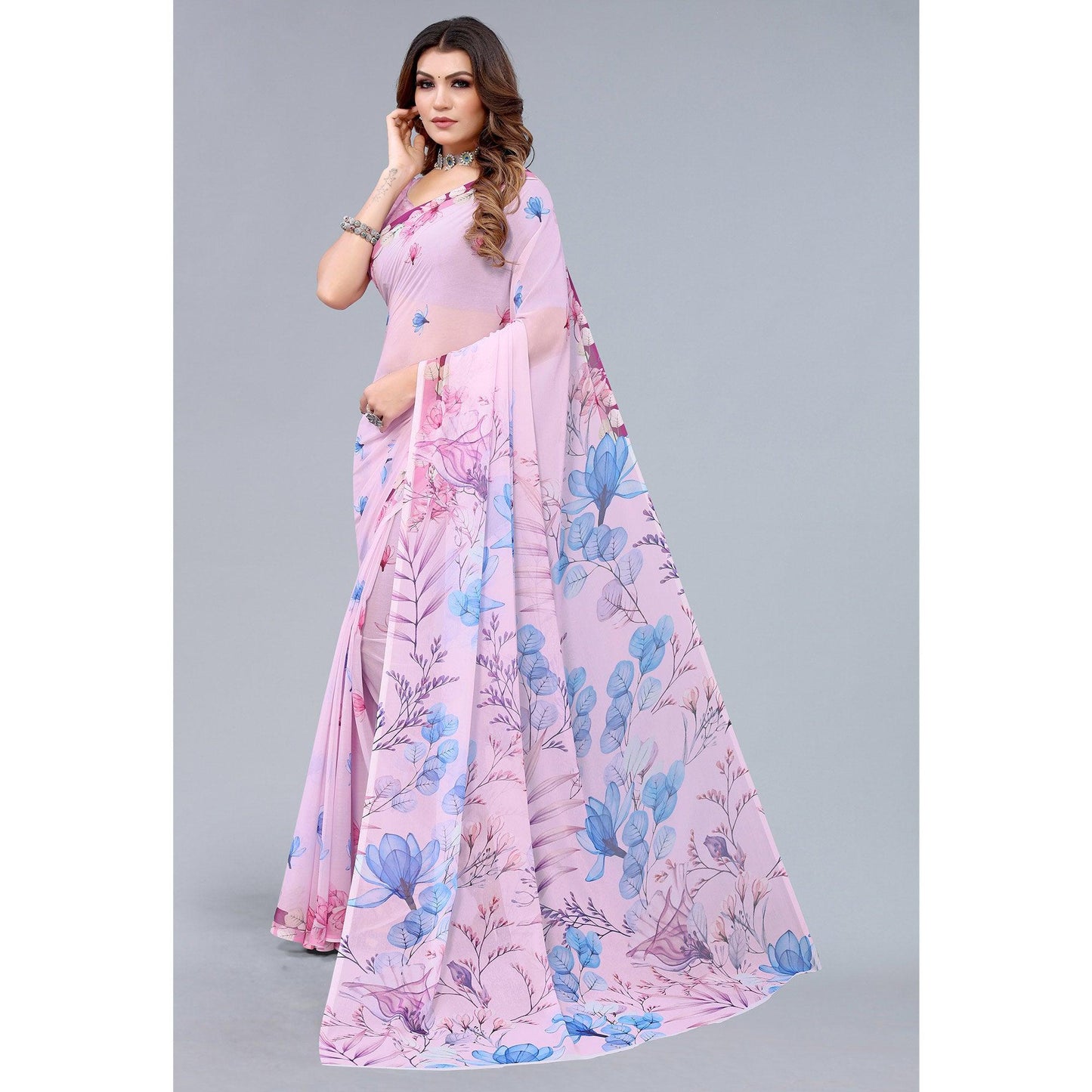 Pink Printed Georgette Saree