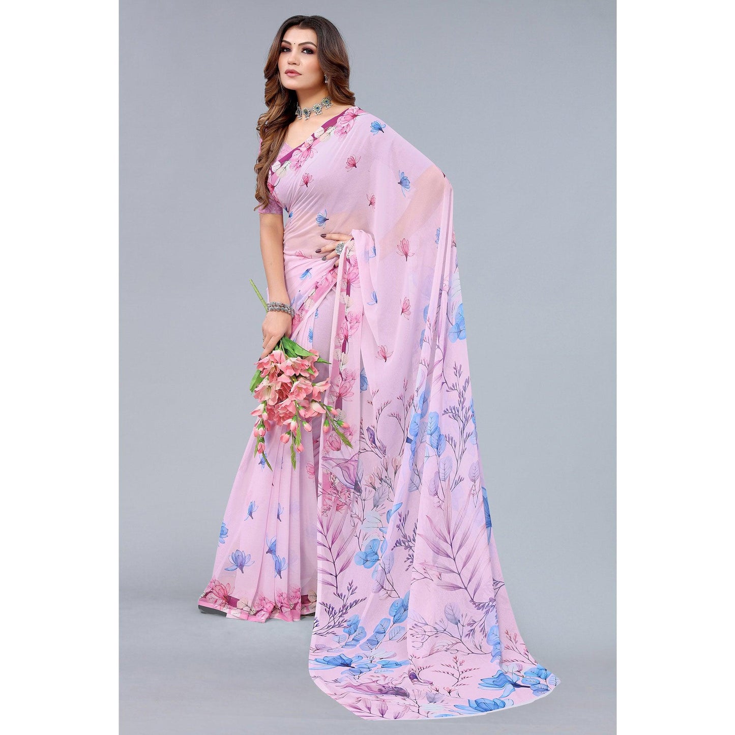 Pink Printed Georgette Saree