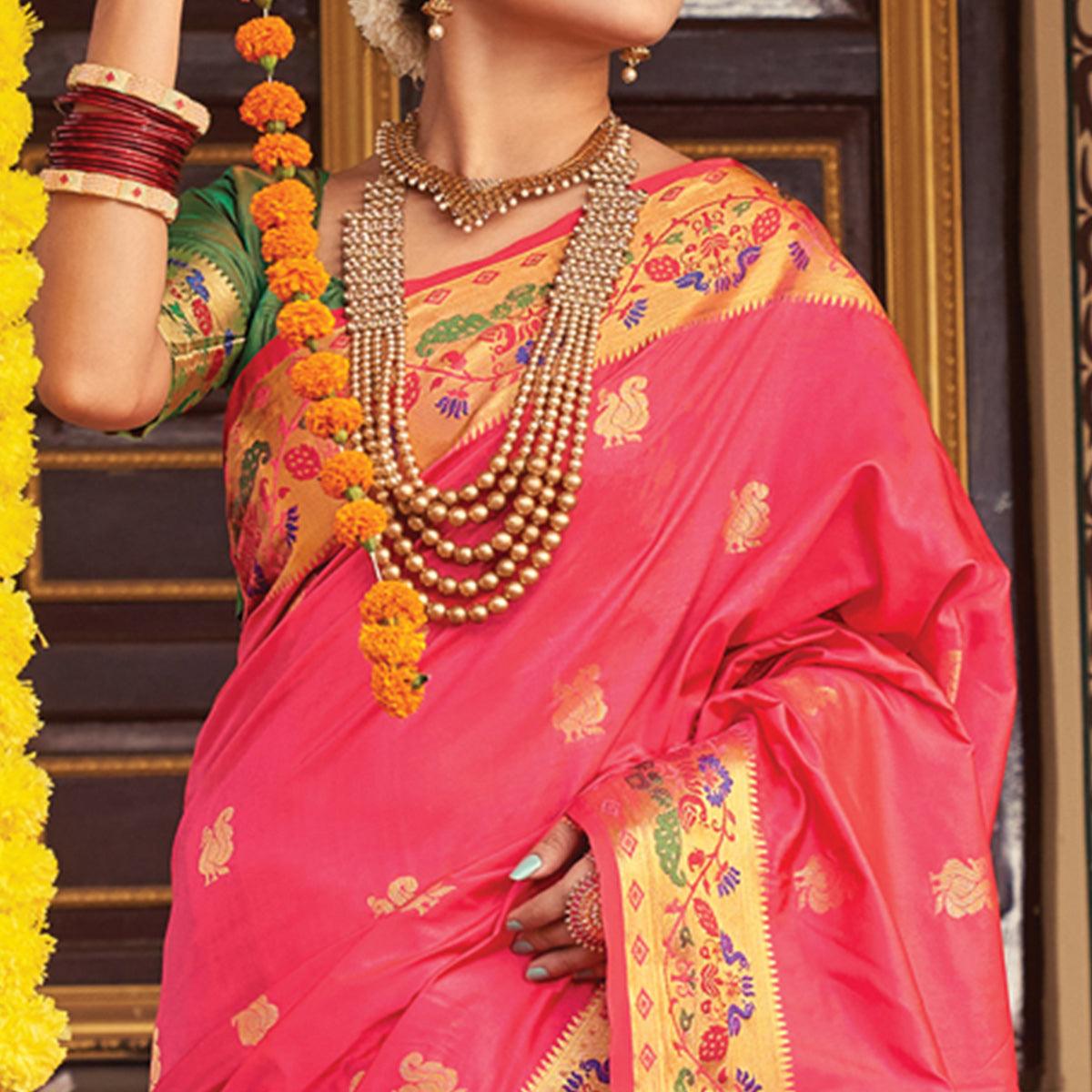 Pink Woven Art Silk Paithani Saree With Tassels