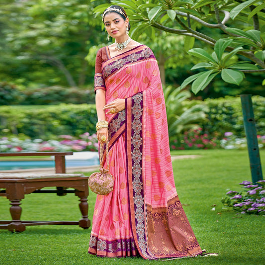 Pink Woven Banarasi Silk Saree With Tassels