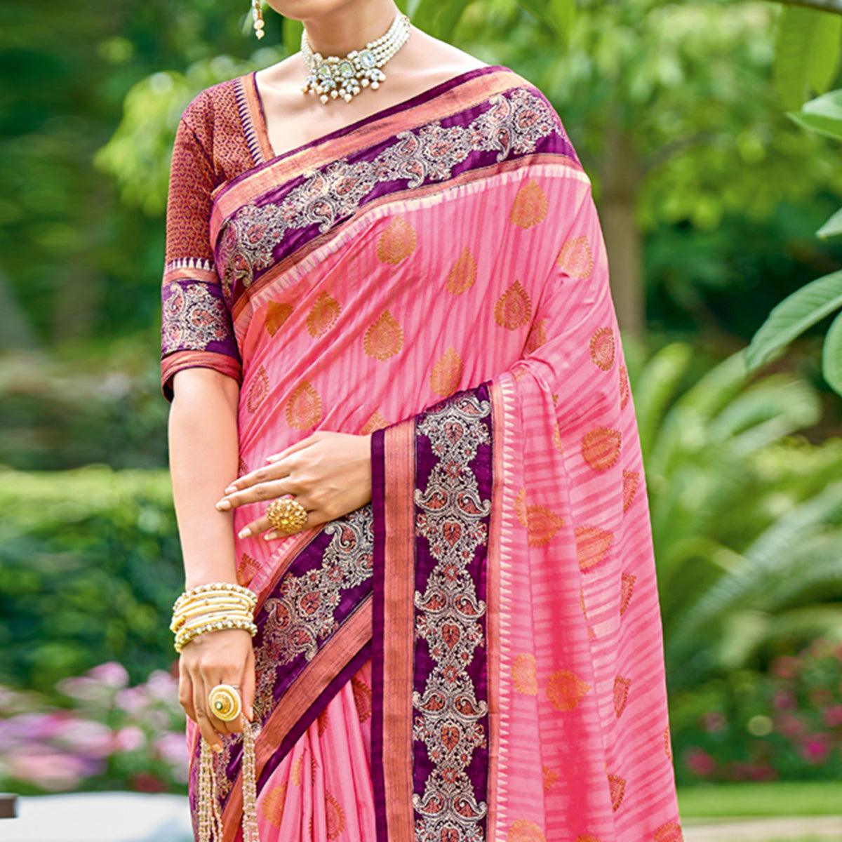 Pink Woven Banarasi Silk Saree With Tassels