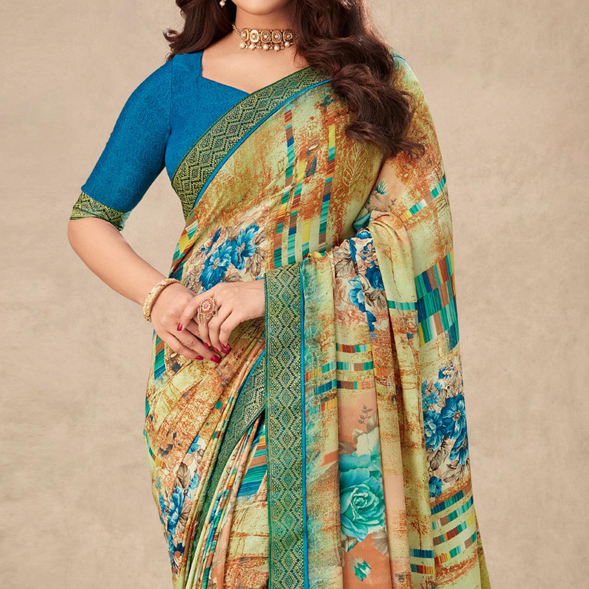 Pista Green Floral Printed Art Silk Saree