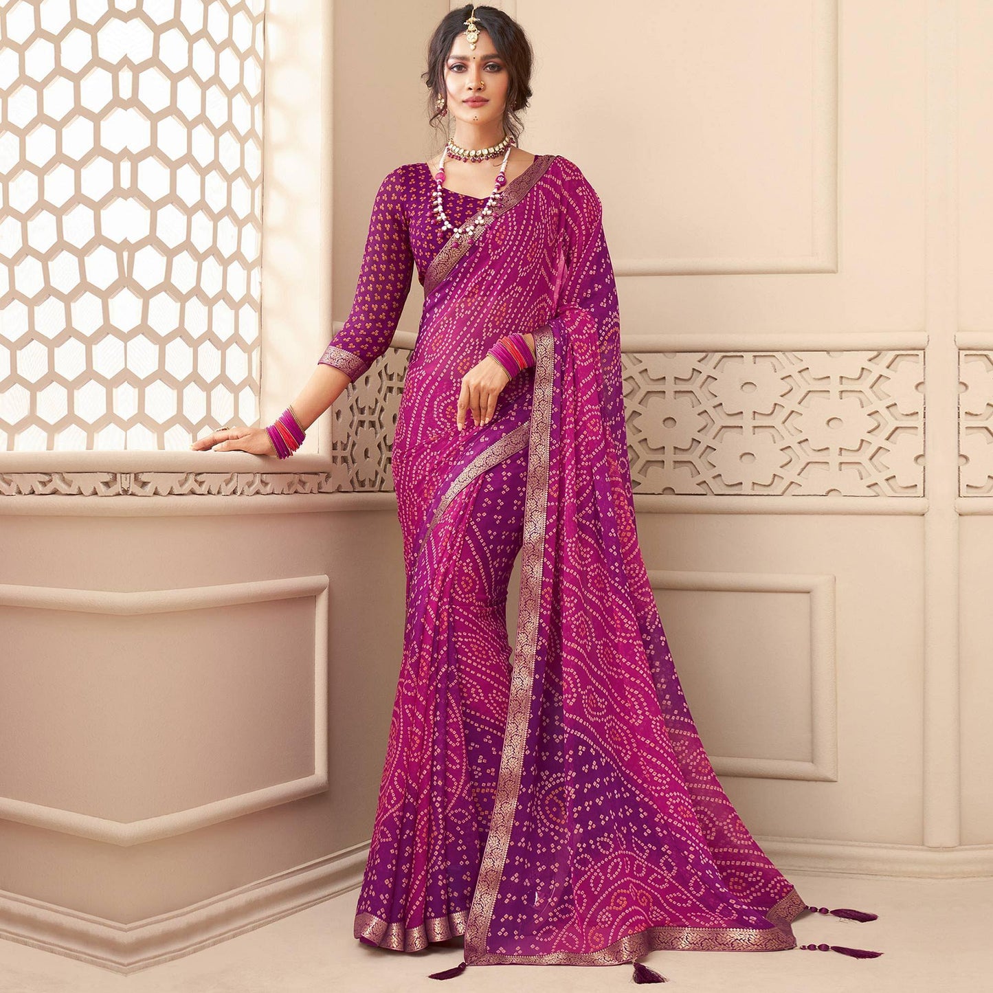 Purple Casual Wear Bandhani Printed Chiffon Saree With Tassels