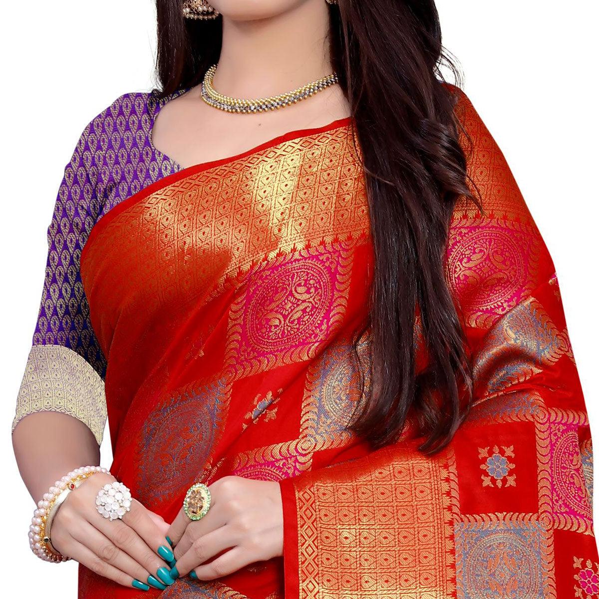 Radiant Red Colored Festive Wear Woven Banarasi Silk Saree