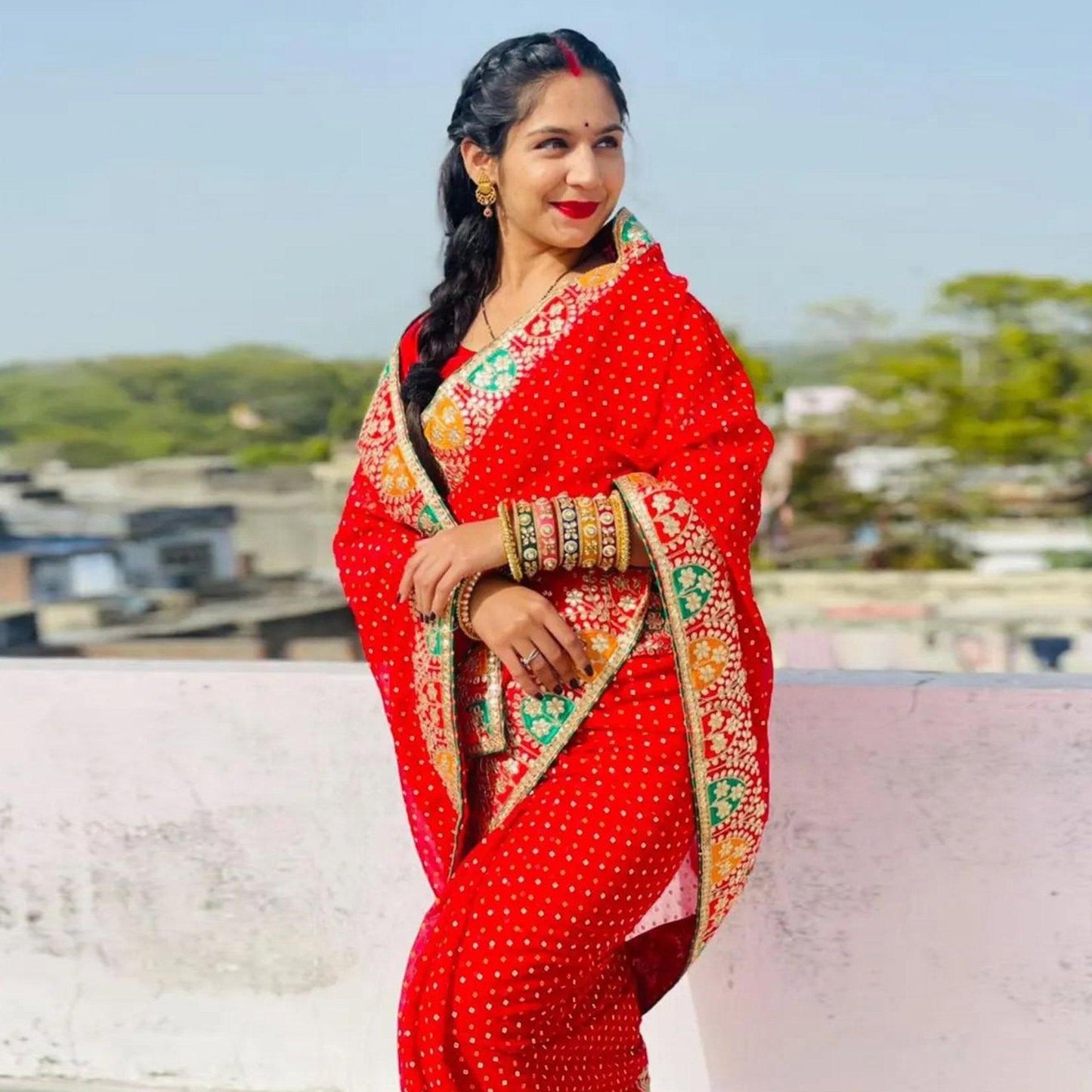 Red Festive Wear Printed With Gota Lace Gerogatte Saree