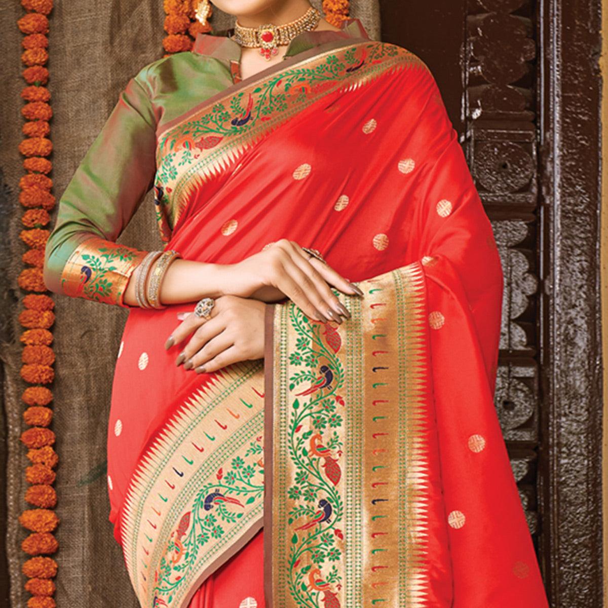 Red Festive Wear Woven Banarasi Silk Paithani Saree With Tassels