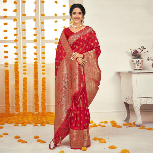 Red Woven Art Silk Saree With Tassels