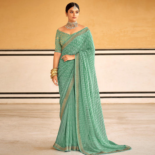 Sea Green Bandhani Printed Georgette Saree