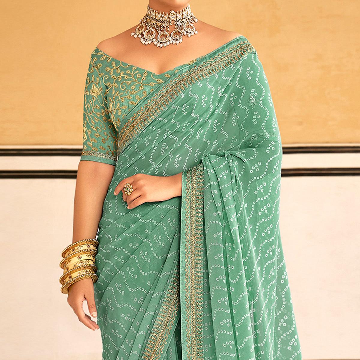 Sea Green Bandhani Printed Georgette Saree