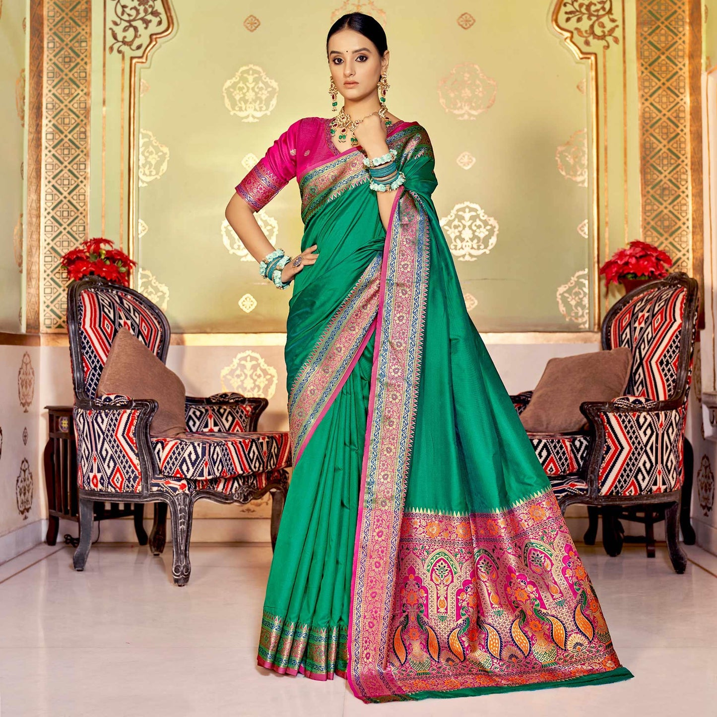 Sea Green Festive Wear Woven Banarasi Silk Saree