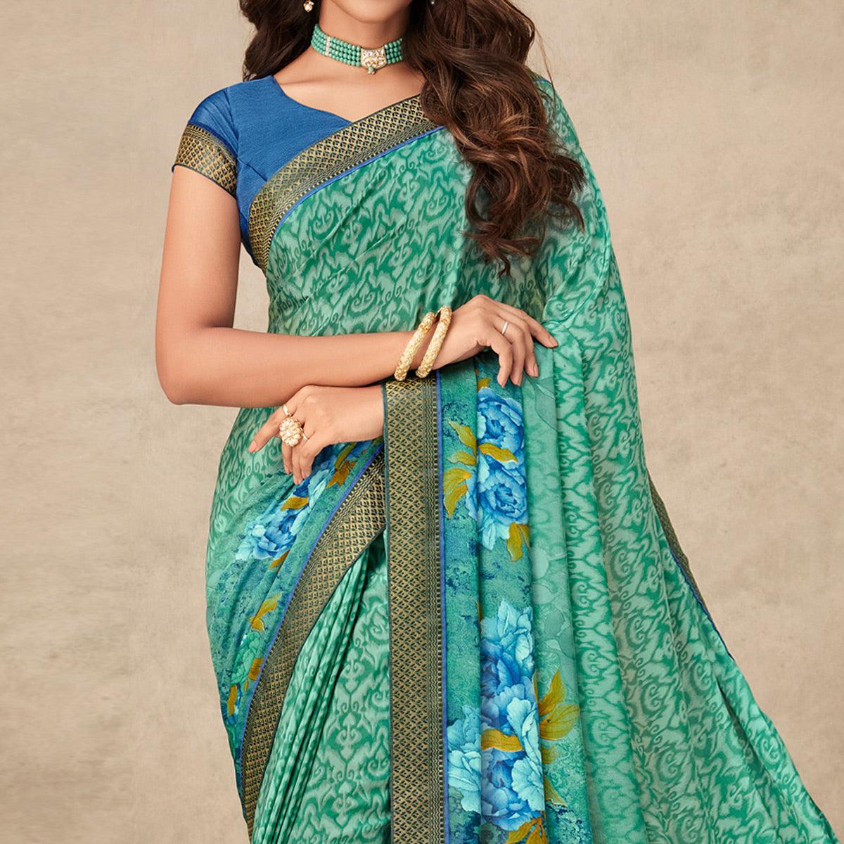 Sea Green Floral Printed Art Silk Saree