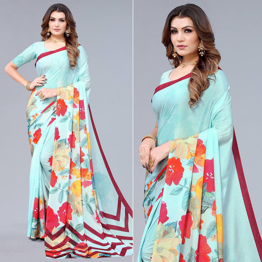 Sky Blue Floral Printed Chiffon Saree