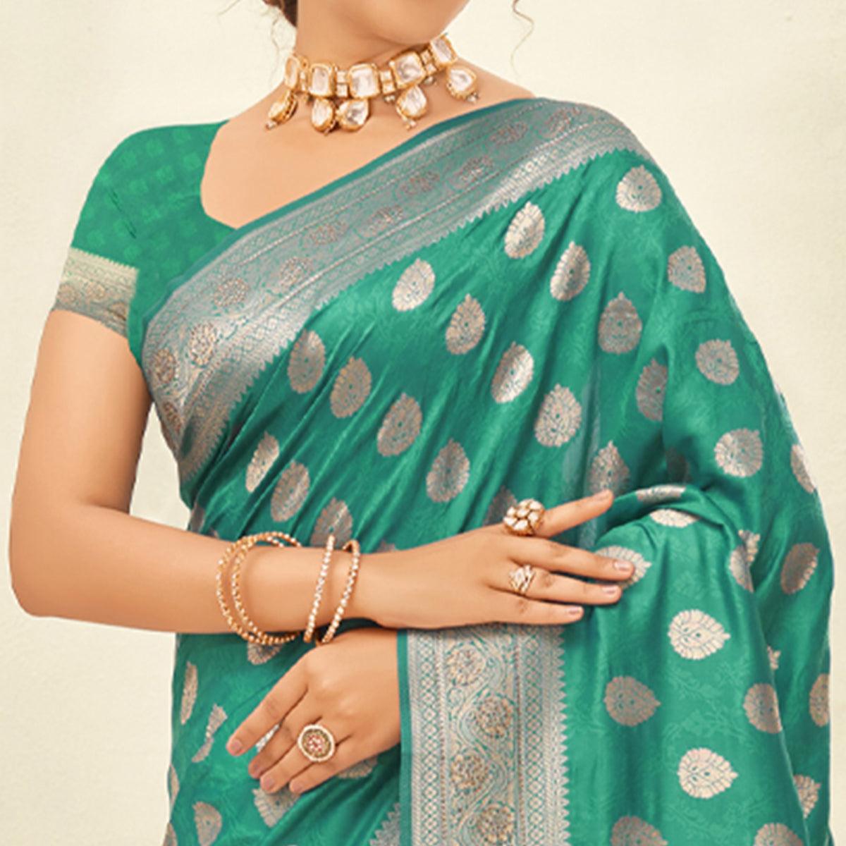 Turquoise Woven Art Silk Saree With Tassels