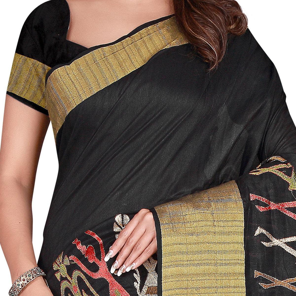 Unique Black Colored Festive Wear Woven Silk Saree