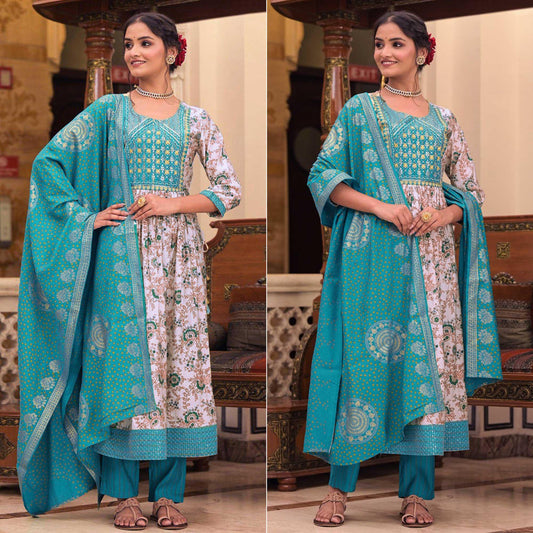 White-Blue Floral Printed With Embroidered Muslin Anarkali Suit