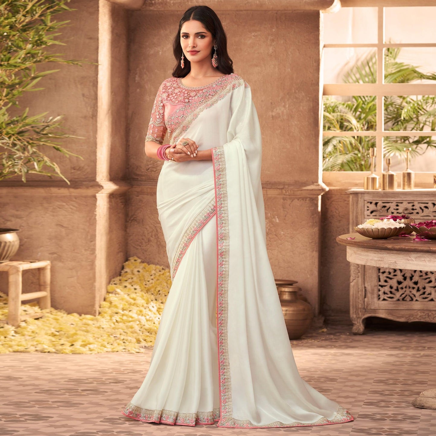 White Floral Embroidered Art Silk Saree