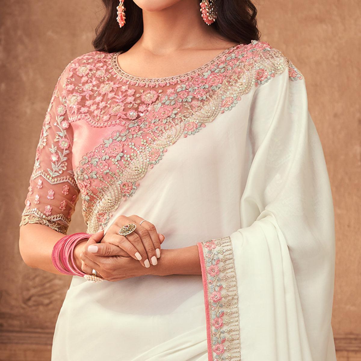 White Floral Embroidered Art Silk Saree