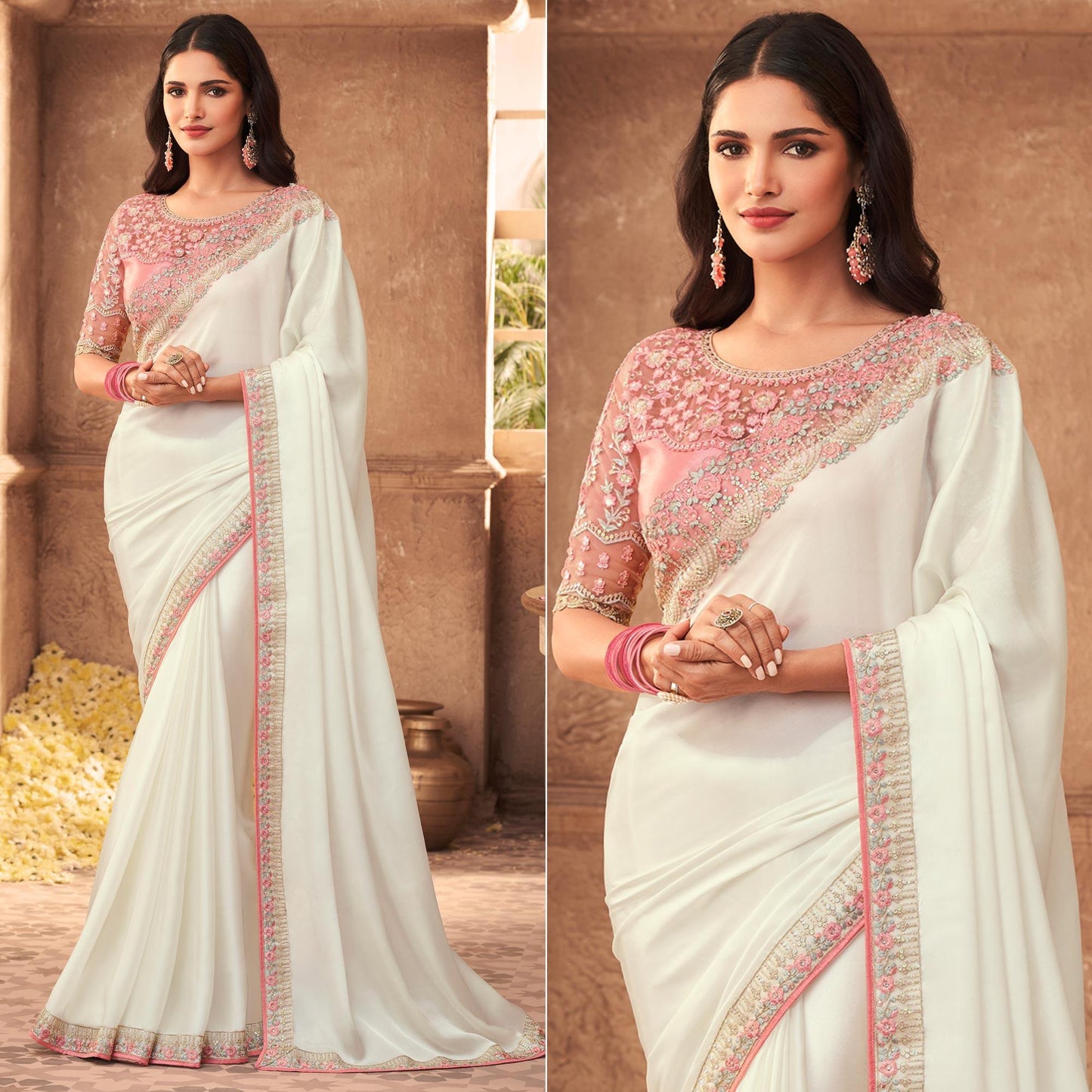 White Floral Embroidered Art Silk Saree