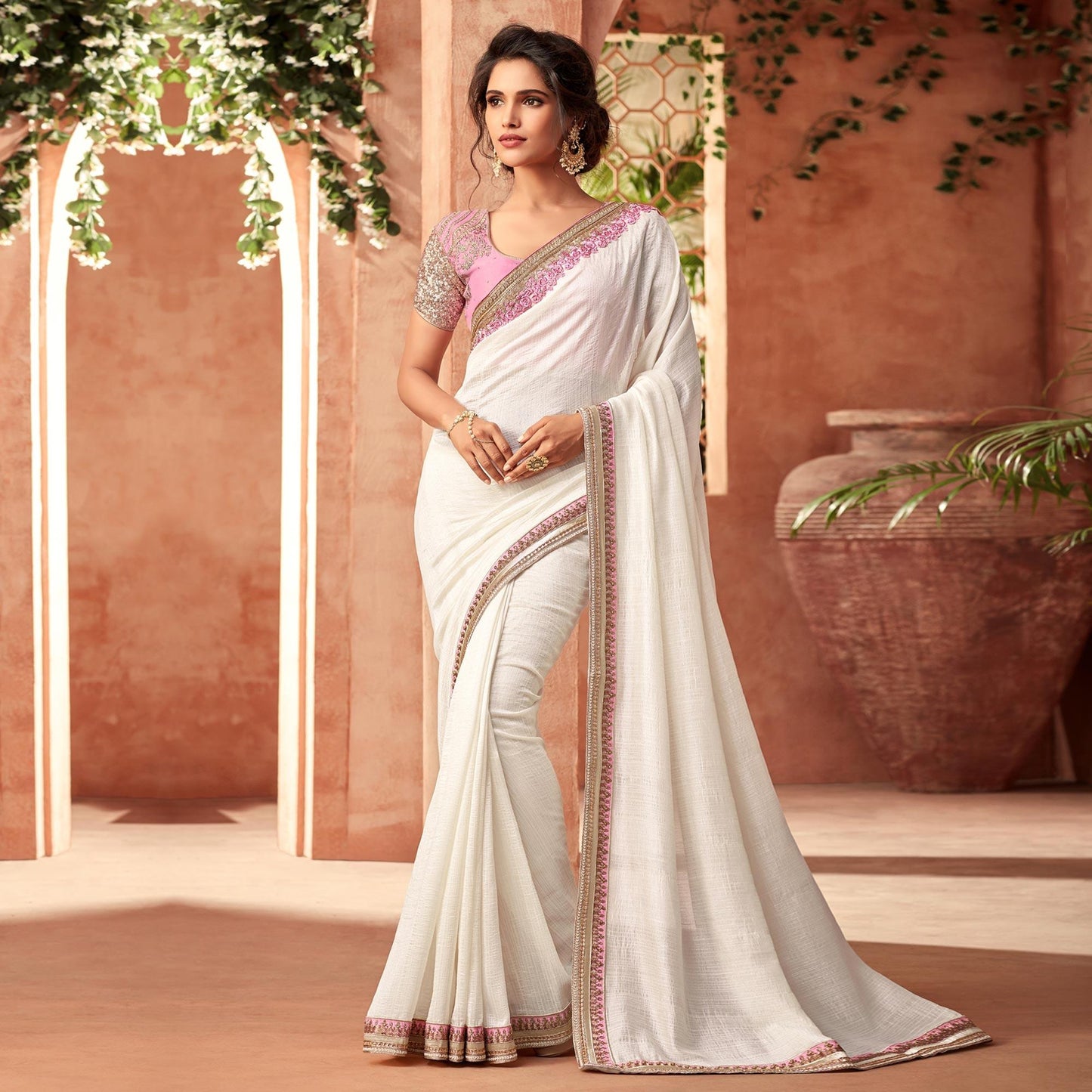 White Floral Sequins Embroidered Georgette Saree