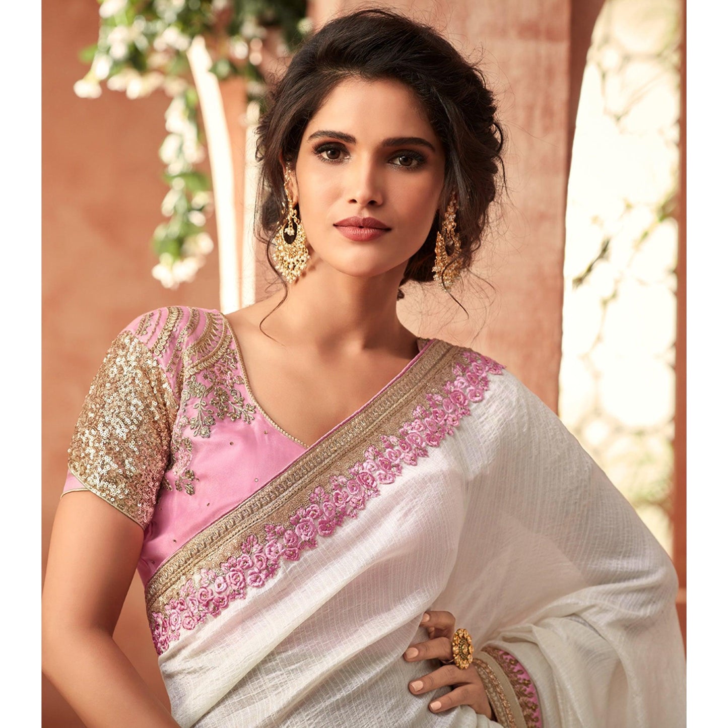 White Floral Sequins Embroidered Georgette Saree