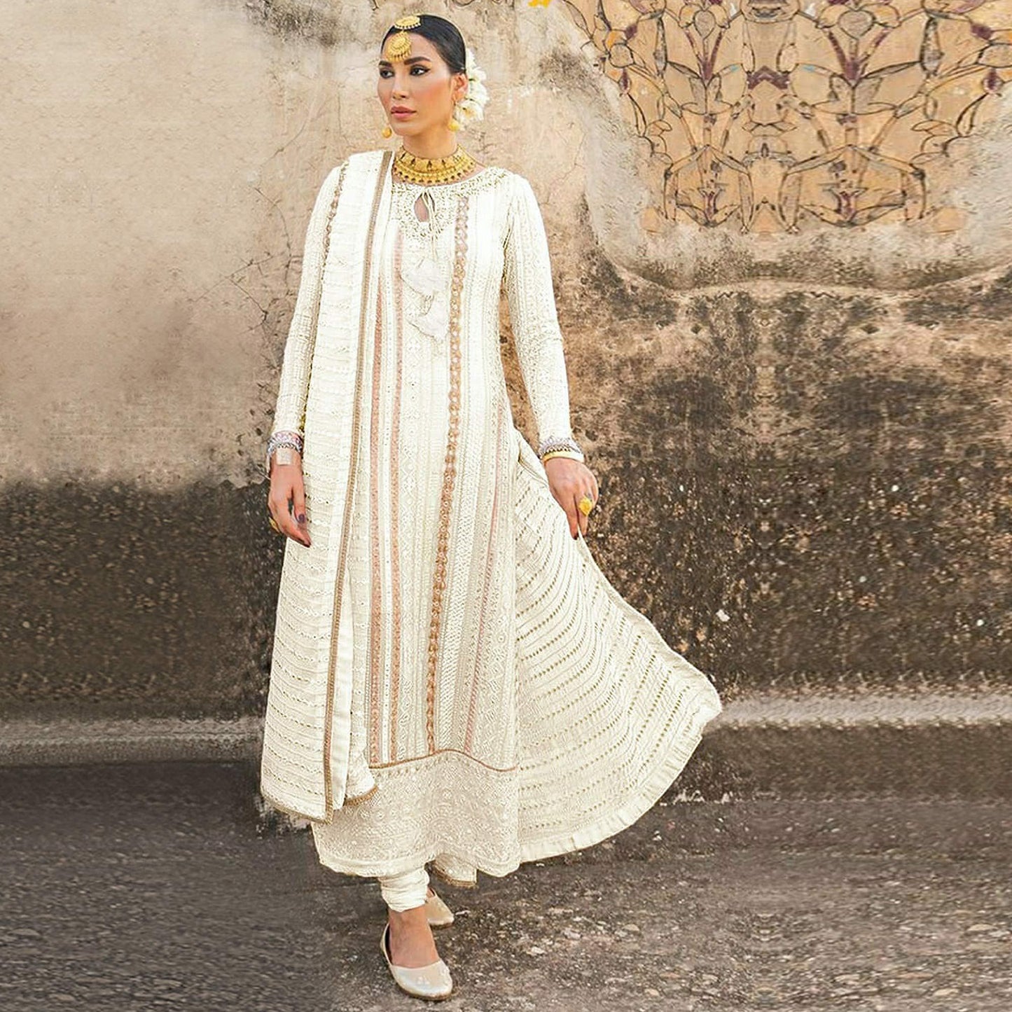 White Party Wear Embroidered Georgette Suit