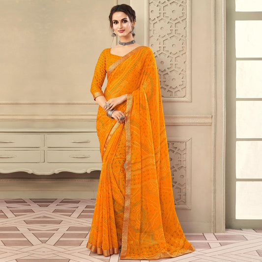 Yellow Casual Wear Printed Chiffon Saree with Banarasi Border