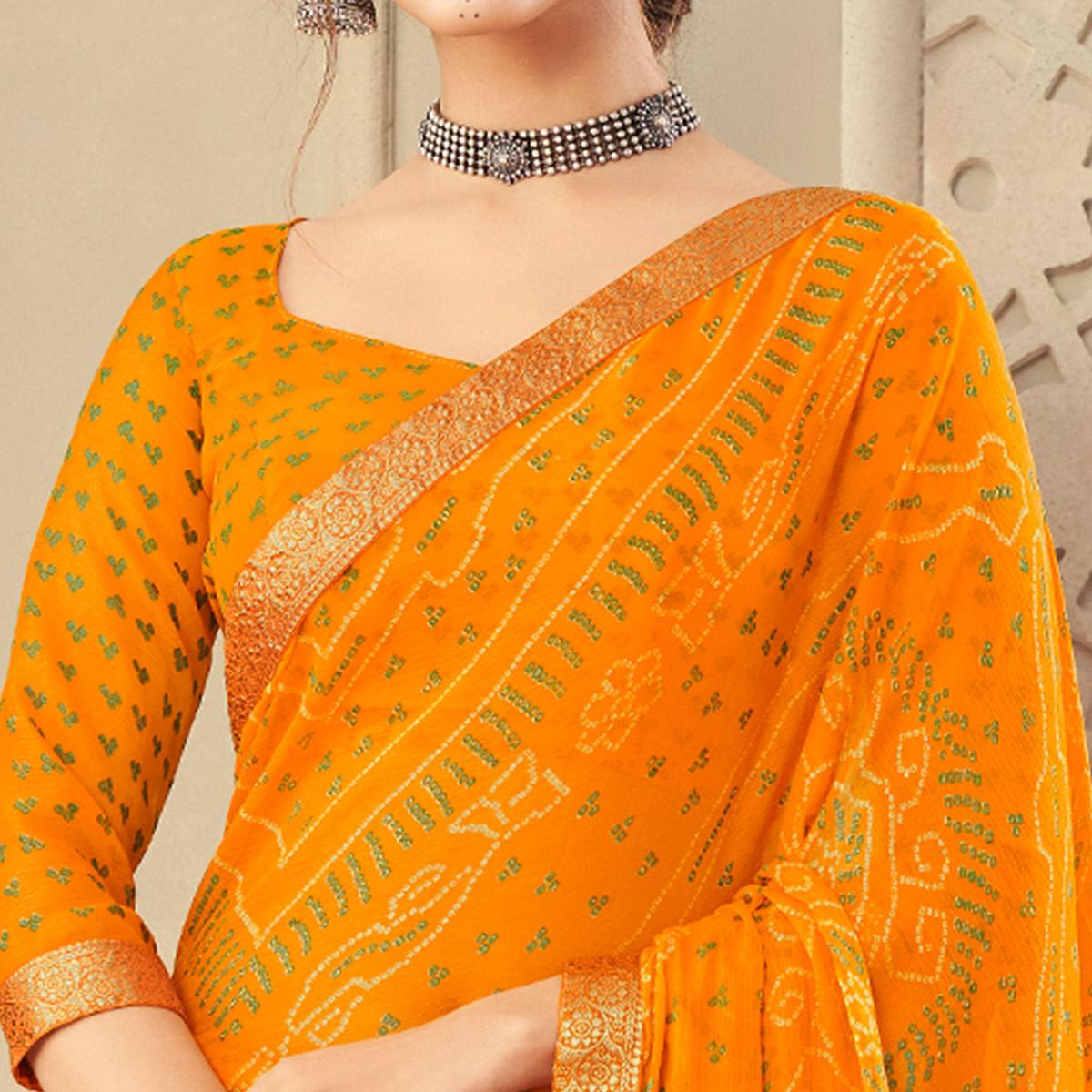 Yellow Casual Wear Printed Chiffon Saree with Banarasi Border