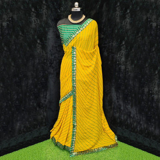 Yellow Casual Wear Printed Georgette Saree With Lace Border