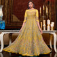 Yellow Designer Partywear Embroidered Heavy Net Anarakali Suit