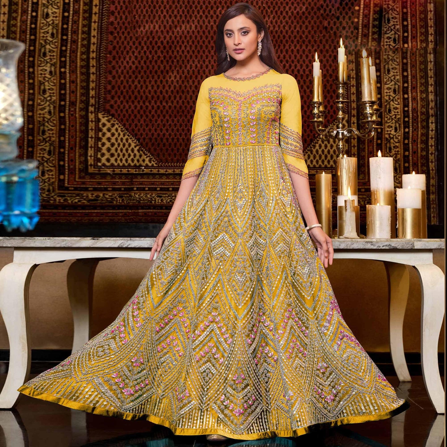 Yellow Designer Partywear Embroidered Heavy Net Anarakali Suit