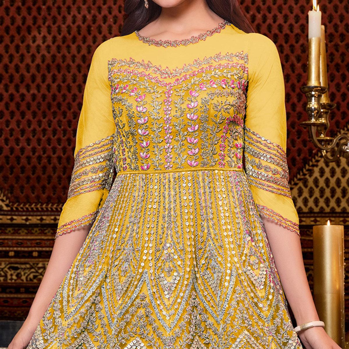 Yellow Designer Partywear Embroidered Heavy Net Anarakali Suit