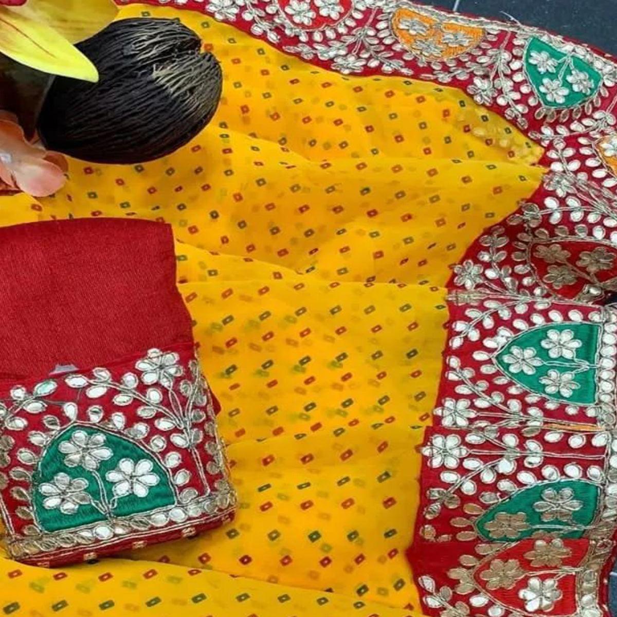 Yellow Festive Wear Printed With Gota Lace Gerogatte Saree