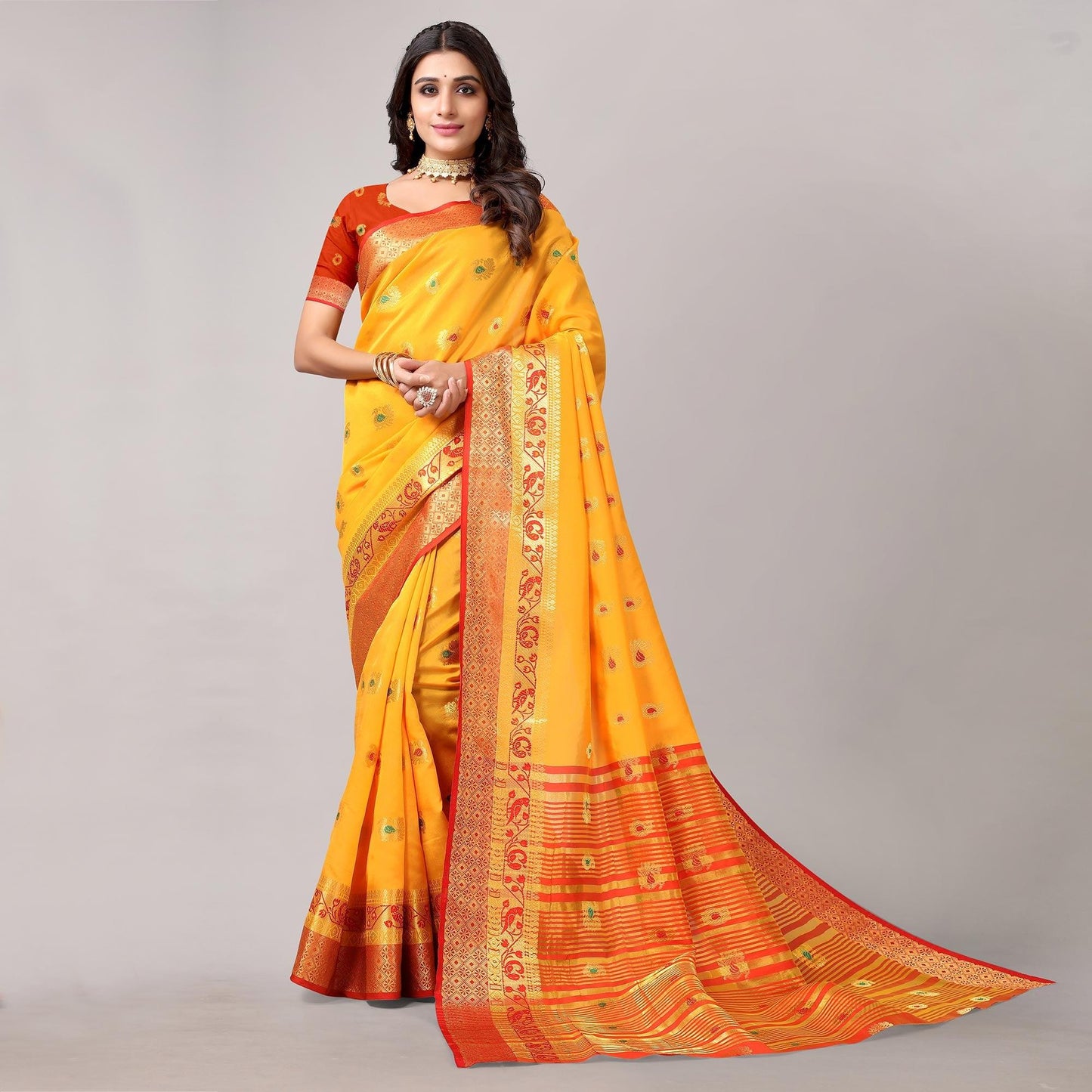 Yellow Festive Wear Woven Soft Silk Saree With Jacquard Border