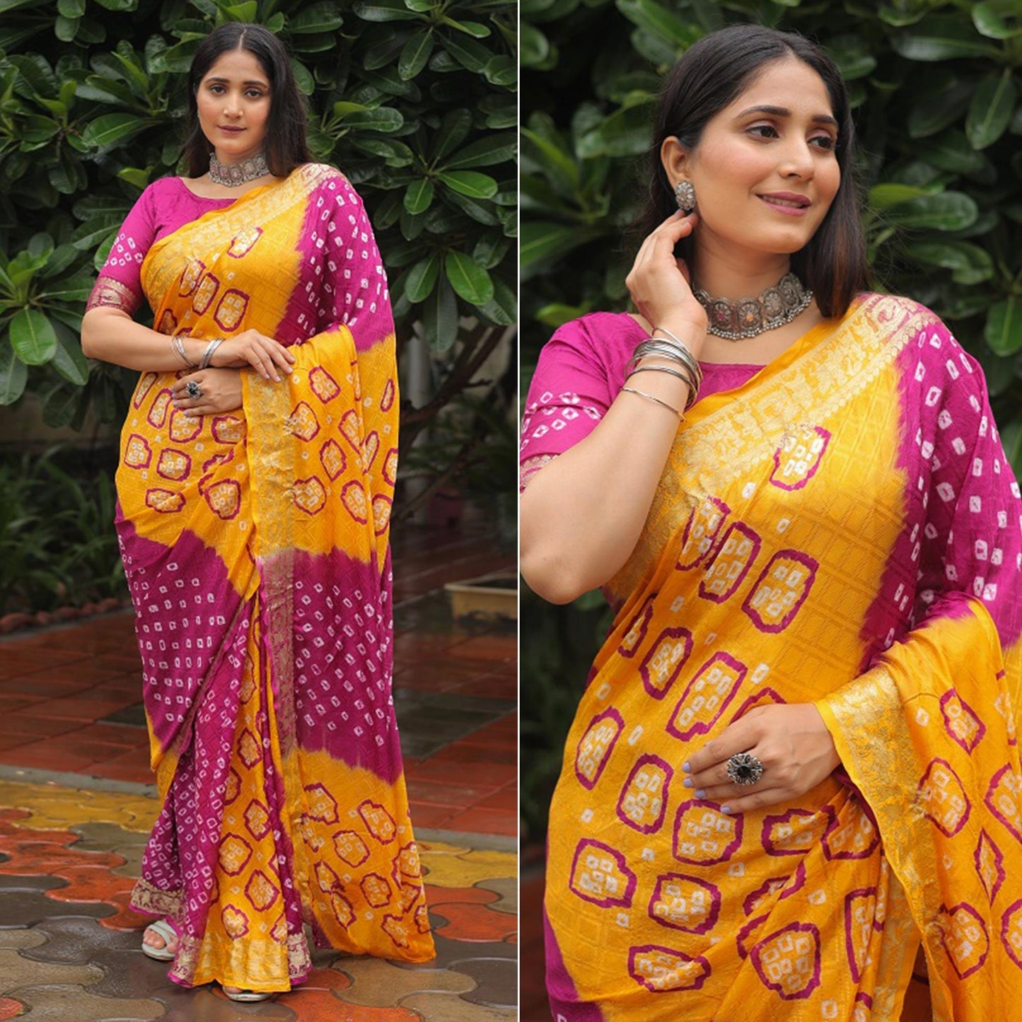 Yellow-Purple Bandhani Printed With Woven Border Art Silk Saree