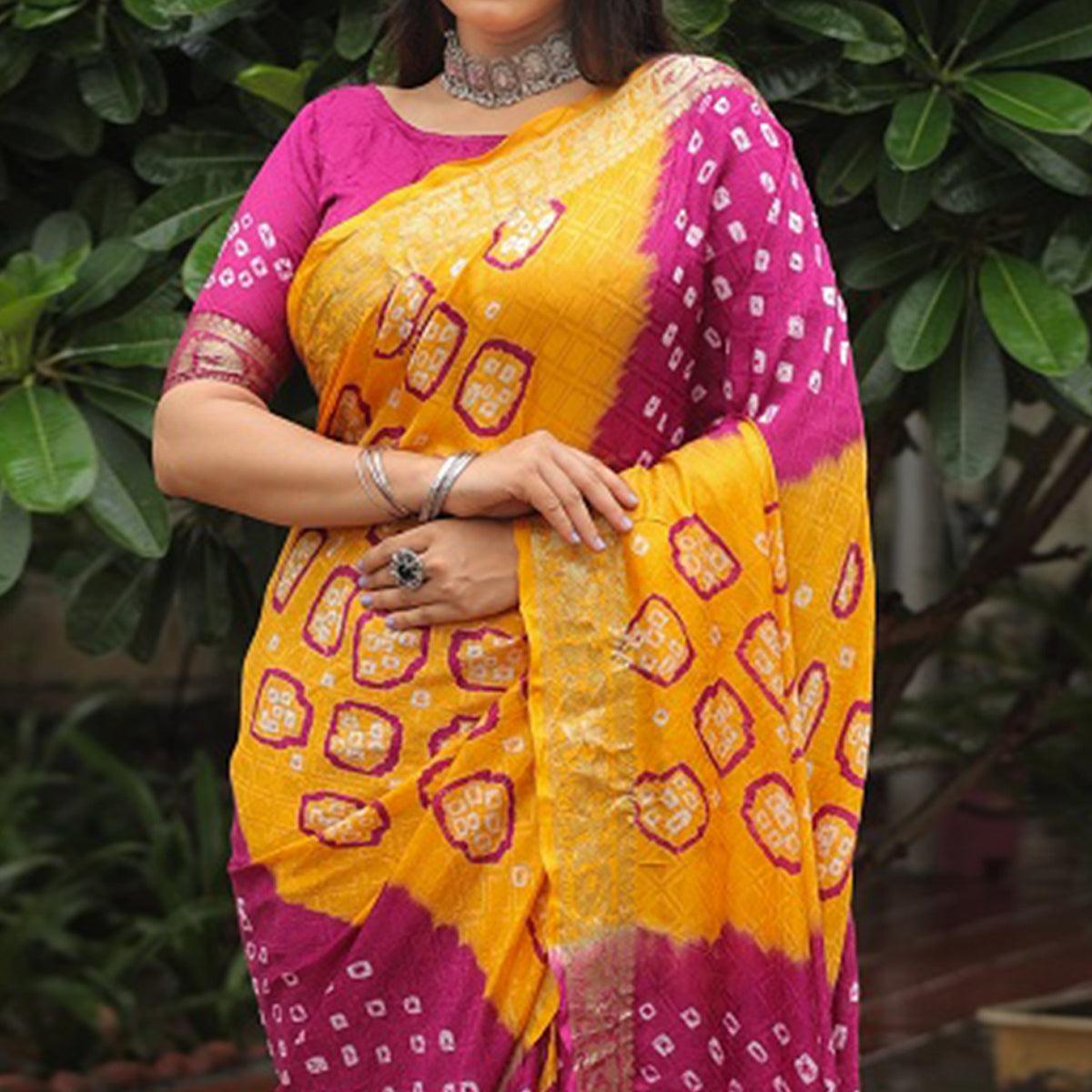 Yellow-Purple Bandhani Printed With Woven Border Art Silk Saree