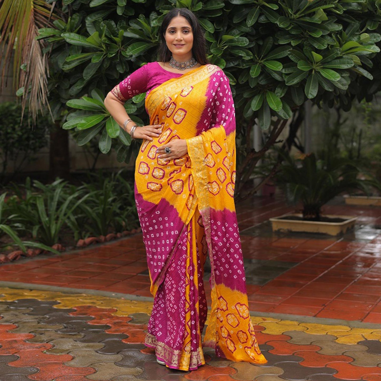 Yellow-Purple Bandhani Printed With Woven Border Art Silk Saree