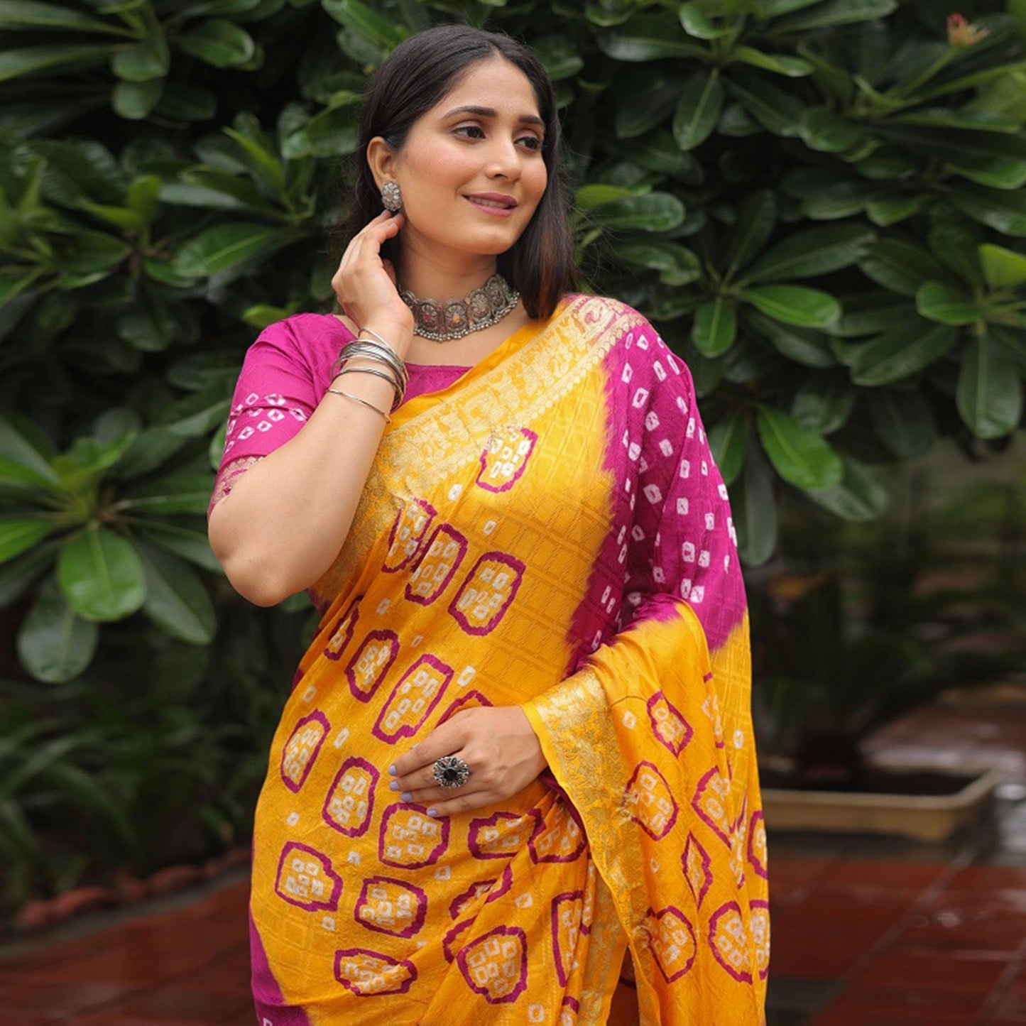 Yellow-Purple Bandhani Printed With Woven Border Art Silk Saree