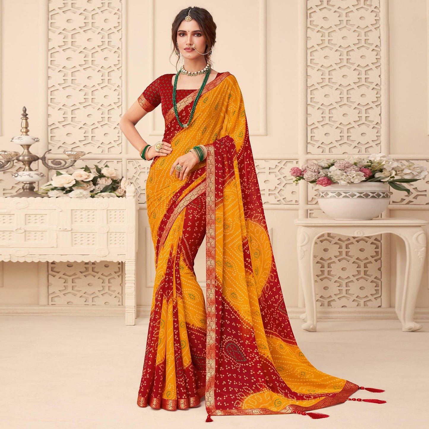 Yellow-Red Casual Wear Bandhani Printed Chiffon Saree With Tassels