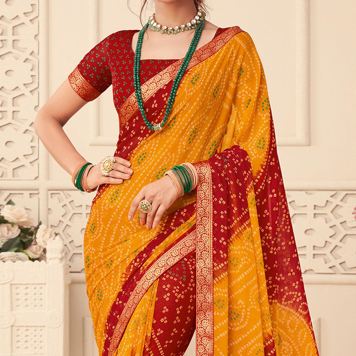 Yellow-Red Casual Wear Bandhani Printed Chiffon Saree With Tassels